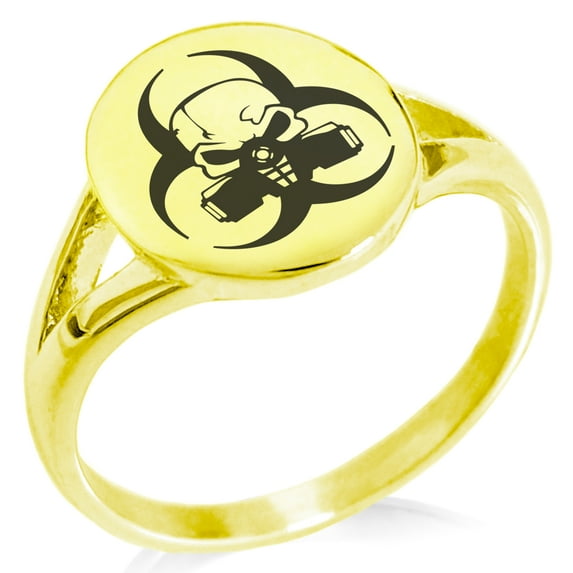 Stainless Steel Biohazard Skull Minimalist Oval Top Polished Statement Signet Ring