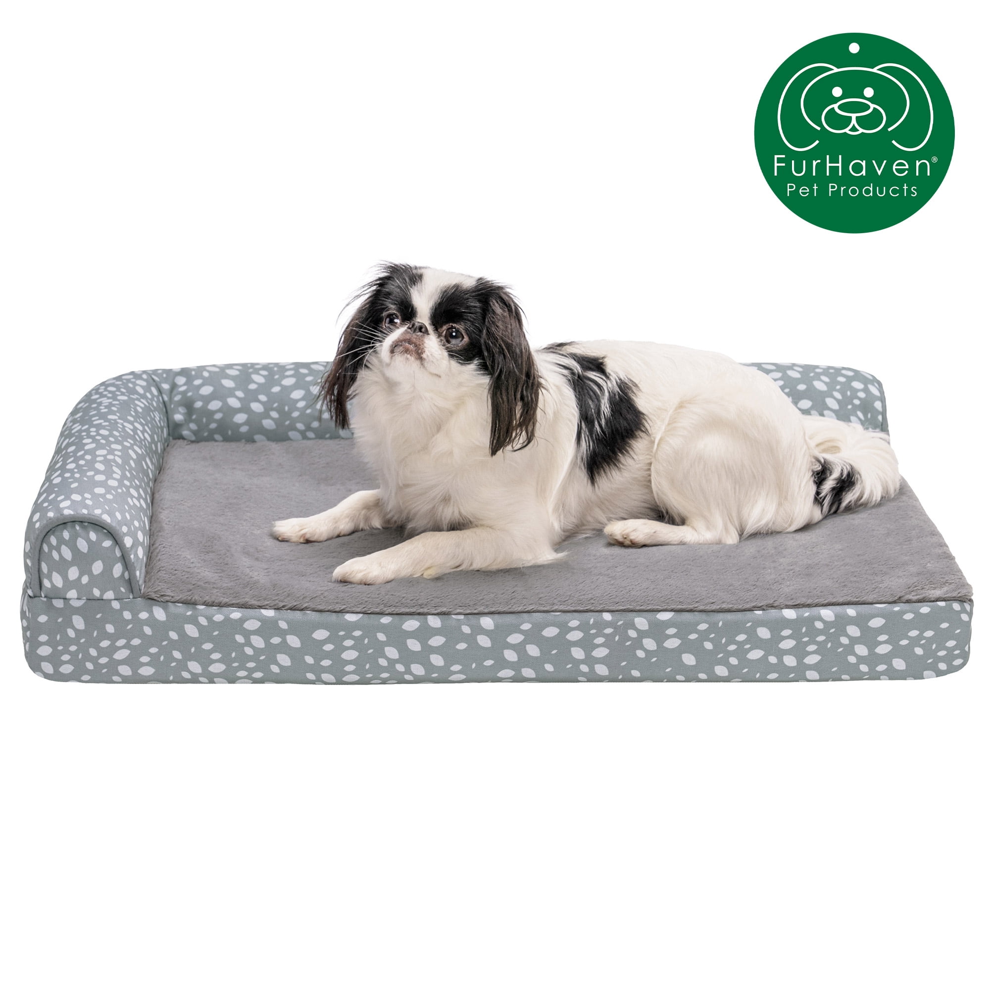 FurHaven Pet Products Plush Faux Fur & Almond Print Orthopedic Deluxe L-Chaise Sofa Pet Bed for Dogs & Cats - Gray Almonds, Medium
