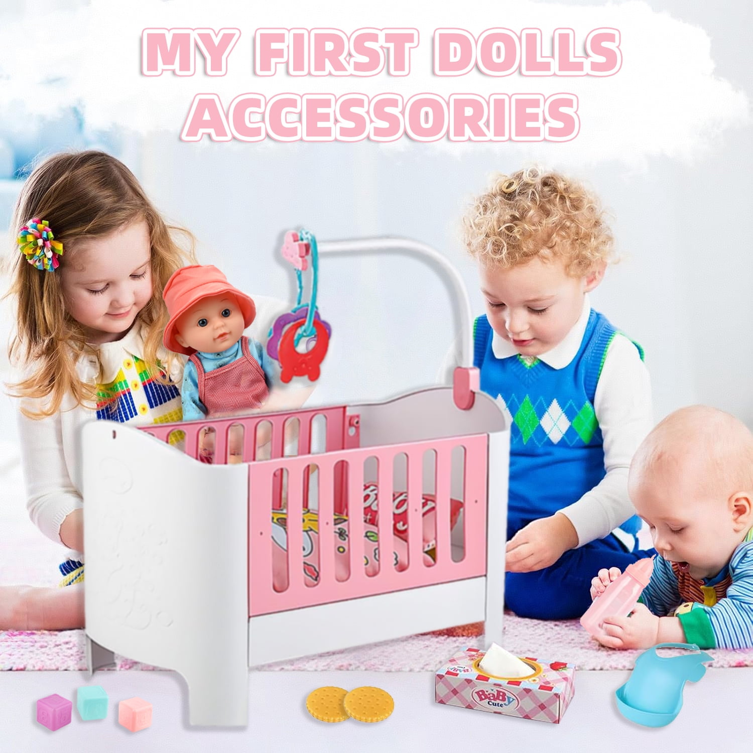 LINXUXIE Baby Doll Crib and High Chair Set, Kids Interactive Pretend Play Toys, Birthday Gifts for 1-3 3-5 5-8 Year Old
