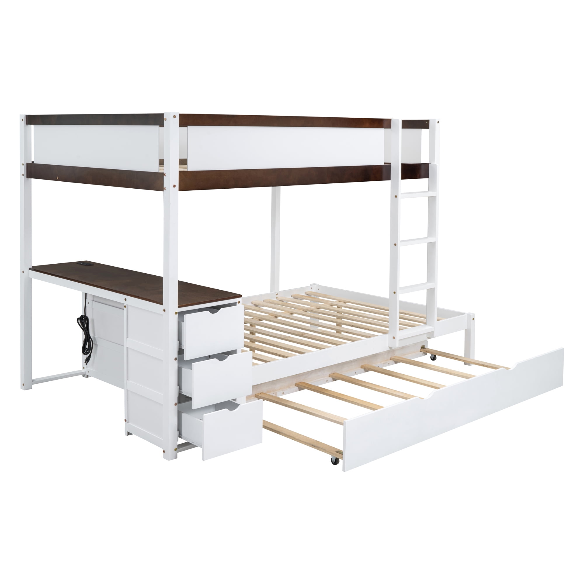 Full-Over-Full Bunk Bed with Twin size Trundle and 3 Storage Drawers, Solid Wood Floor Bunk Bed with Desk, Ladder and Guardrails for Kids Teens Adults