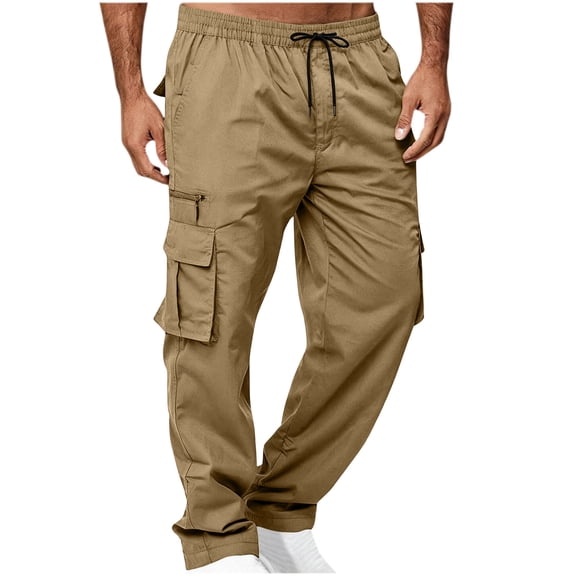 Maplenight Mens Straight Leg Cargo Pants Drawstring Elastic Waist Hiking Pants Outdoor Casual Work Trousers with Multi Pockets
