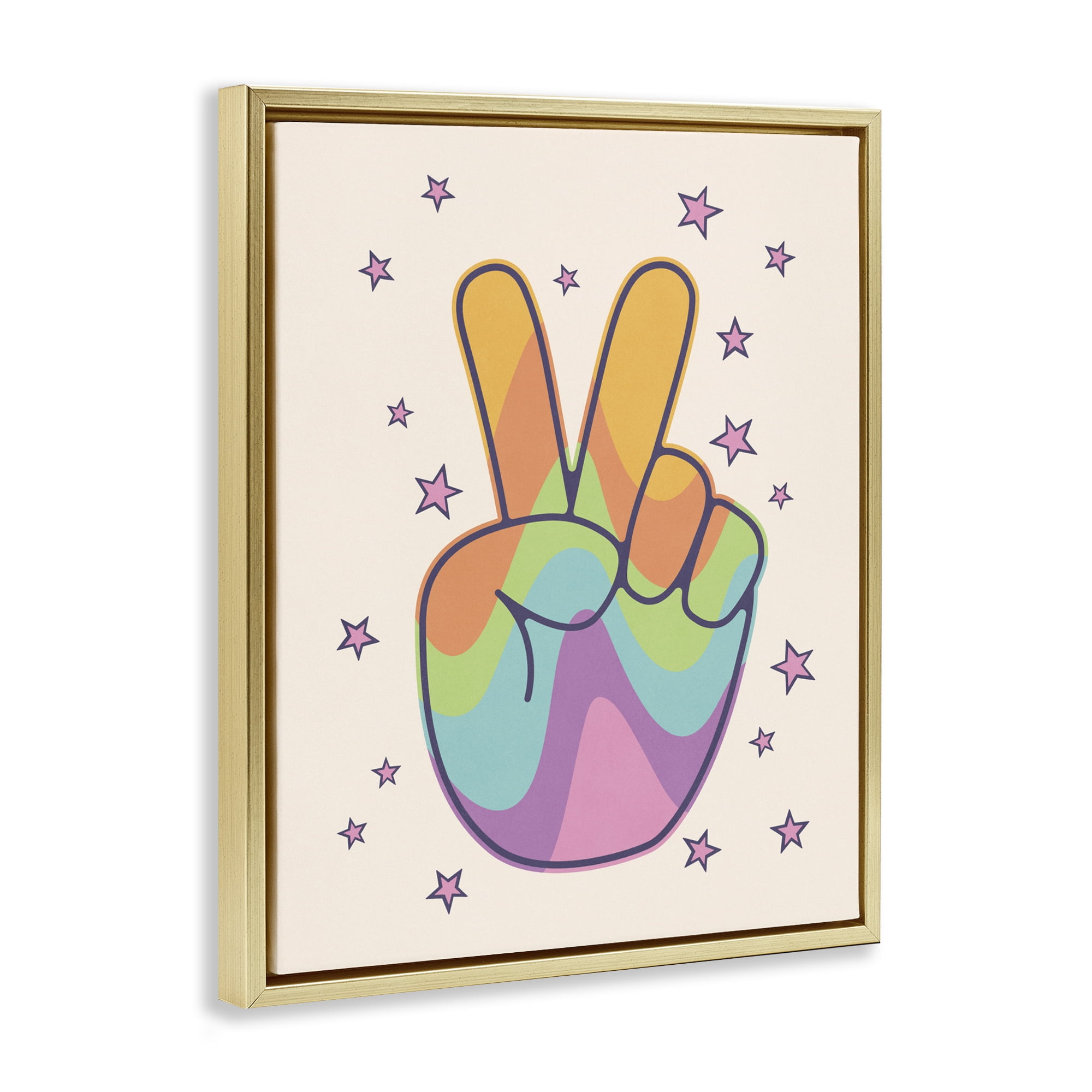 Stupell Industries Peace Sign Retro Rainbow Gold Framed Floater Canvas Wall Art, design by LSR Design Studio
