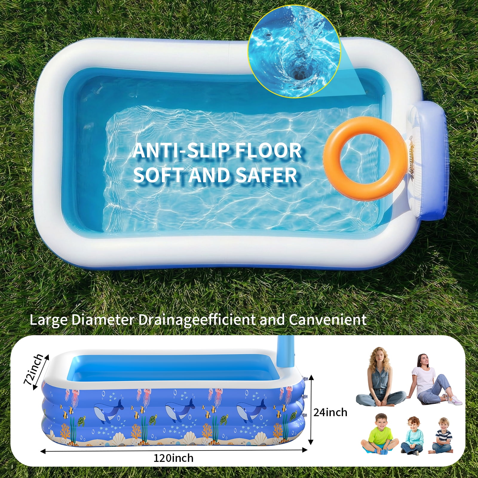 Mibote Inflatable Swimming Pool, 120" x 72" x 24" Blow up Pool for Kids Toddler Adults Family, Backyard Outdoor