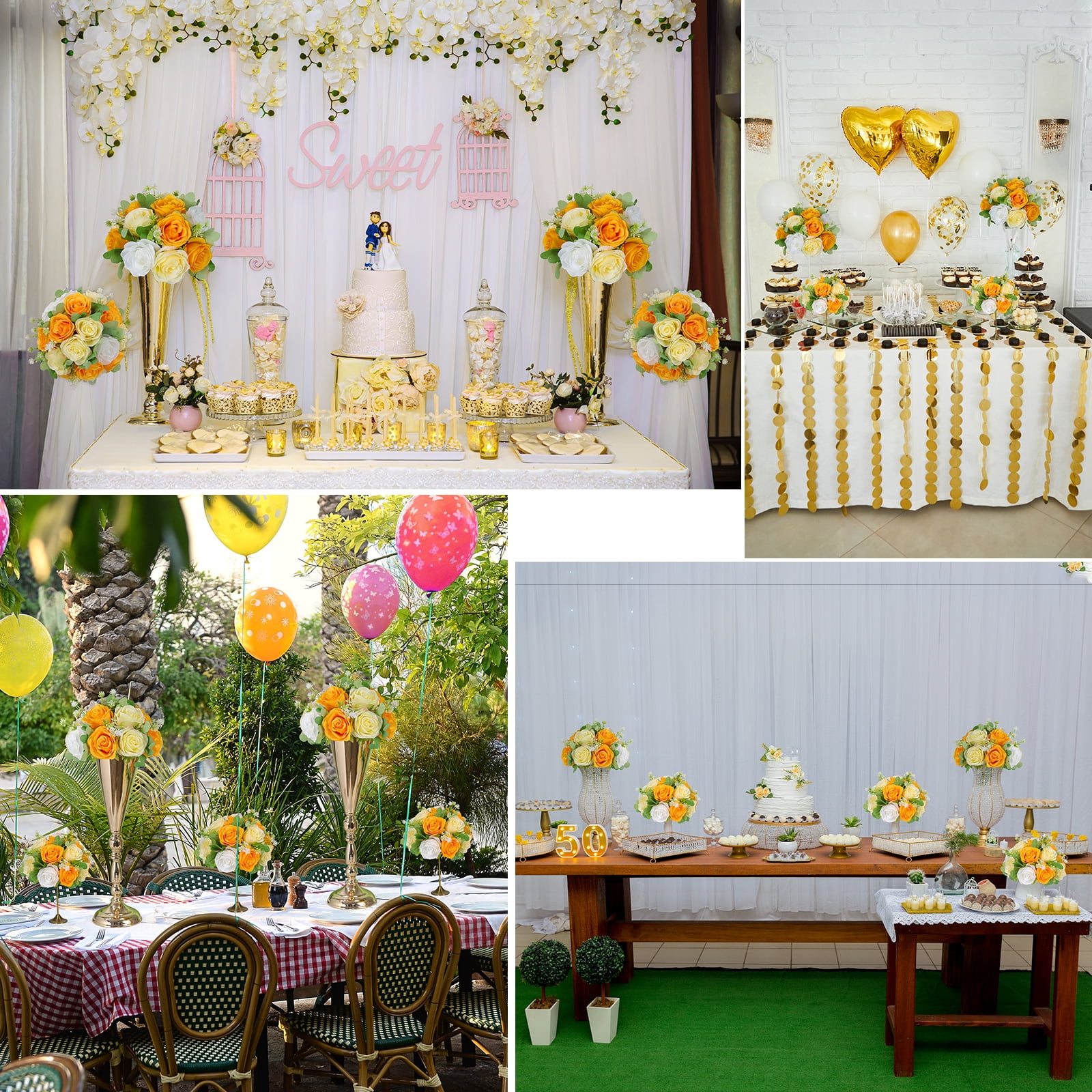Flower Wedding Centerpieces for Tables -6pcs Artificial Flowers Silk Roses Ball Orange White Fake Kissing Floral Balls 10.6inch for Birthday Chrismas Party