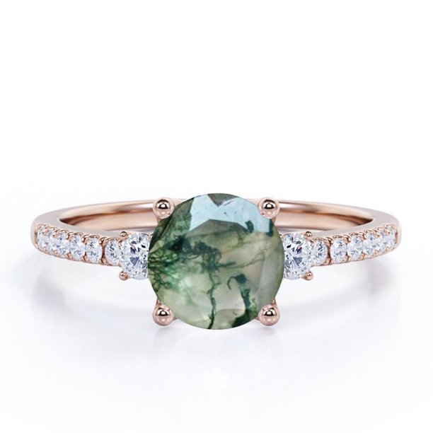 JeenMata Anillo de Compromiso de 1,5 Quilates con Forma Redonda de 4 Puntas Pavé de Ágata Verde Musgo Dendrítica Natural Transparente y 3 Piedras de Moissanita en Baño de Oro Rosa de 18 K sobre Plata