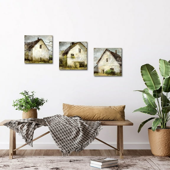 Farmhouse Canvas Wall Art Framed Countryside Landscape Paintings Rustic Country Vintage Cottage Side Farm Picture Wall Decor for Bedroom Living Room Ready to Hang Size 12"x16"x3Panels