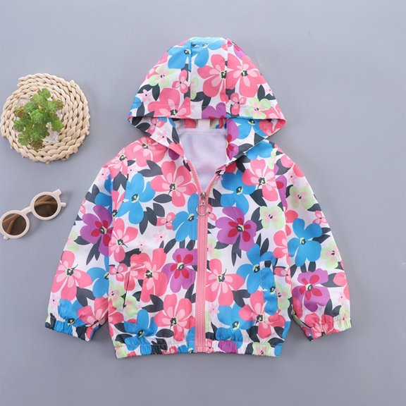 NAISIBABY Girls Jackets, Zipper Casual Windbreaker Kids Fall Prints Hooded Coats Pink 5T