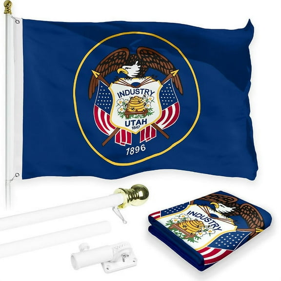 G128 Combo Pack: 6 Feet Tangle Free Spinning Flagpole (White) Utah UT State Flag 3x5 ft Printed 150D Brass Grommets (Flag Included) Aluminum Flag Pole