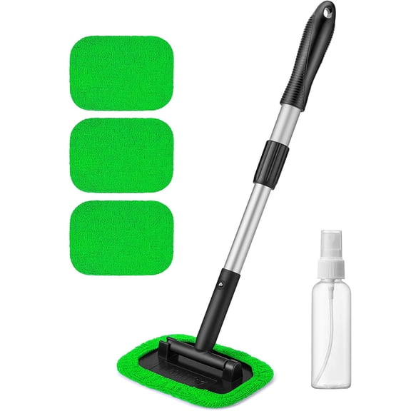 Windshield Cleaner Tool,Car Inside Cleaning Kit With 4Pcs Reusable Microfiber Pads & Extendable Handle,Auto Glass Wiper Kit Green