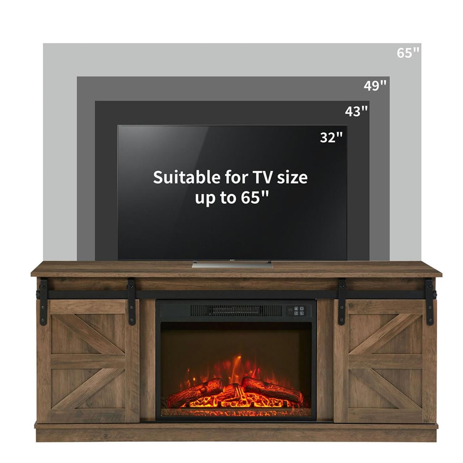 Demi Bonn Modern Fireplace TV Stand for Television up to 65" with Storage and Farmhouse Sliding Barn Doors, Entertainment Center with Cabinet and Shelves, Brown
