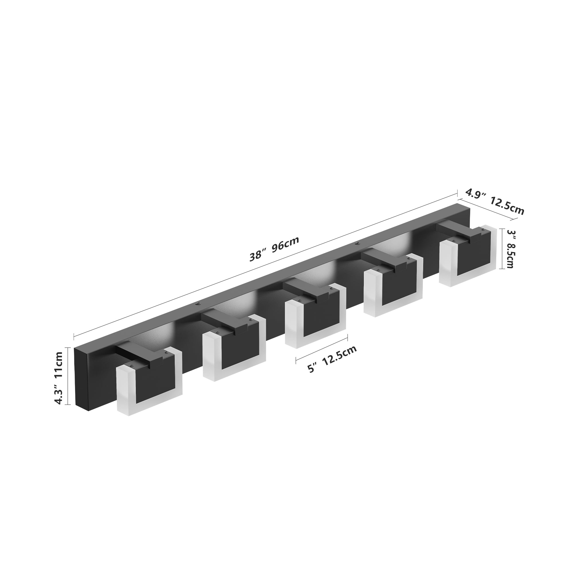 5 Lights Modern Black Vanity Light Up and Down Black Bathroom Lighting Fixtures LED Bathroom Wall Light Over Mirror 6000K