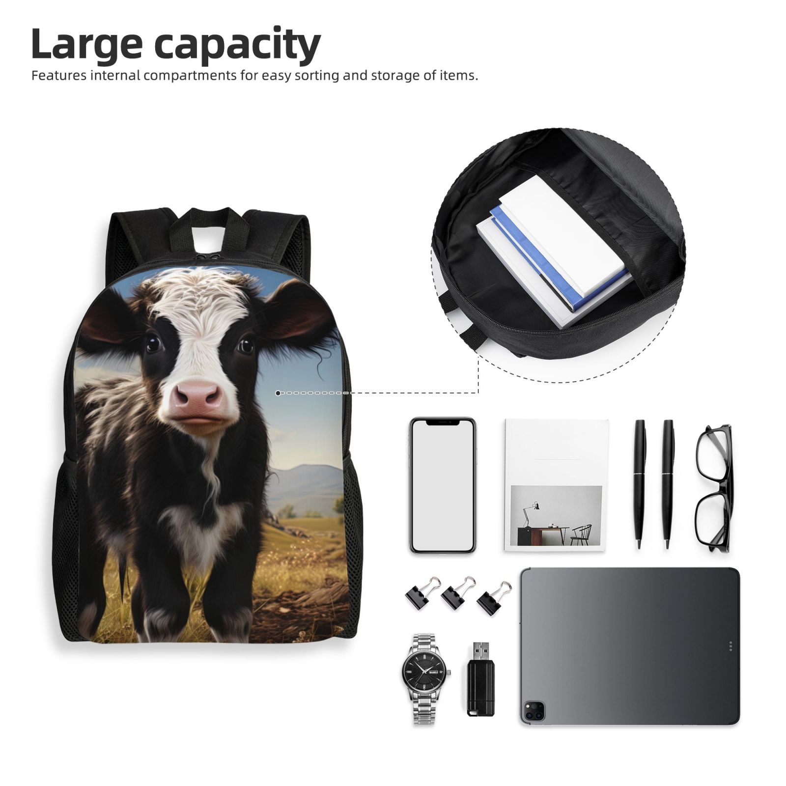 Defioc Cute Prairie Cow Print Backpack -Travel,or Work Bookbag Daypacks with 15-Inch Laptop Sleeve and Dual Water Bottle Pockets