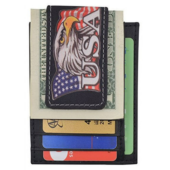Genuine Leather Front Pocket Magnetic Money Clip Slim Minimalist Wallet Skull Bone USA Skull USA Flag Eagle USA Logos (USA Eagle)