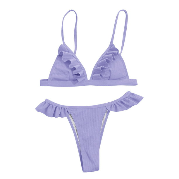 PMUYBHF Female Seamless Bikini Underwear for Women Workout Women Halter  Bikini Swimsuit set Ruffle Low Rise Swimsuit Two Piece set Purple L