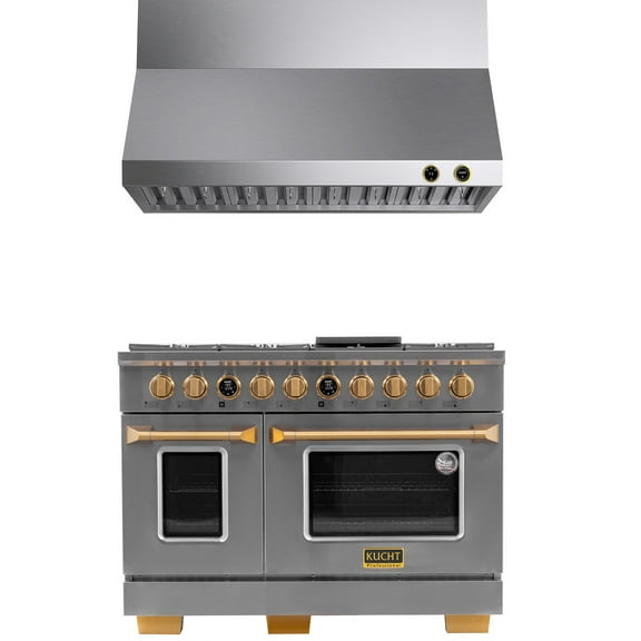 48 in. 6.7 cu. Dual Fuel Range for Natural Gas and Gold   Wall Mount Range Hood