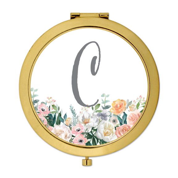 Koyal Wholesale Gold Compact Mirror Bridesmaid's Wedding Gift, Peach Flower Florals on White, Monogram Letter C, 1-Pack