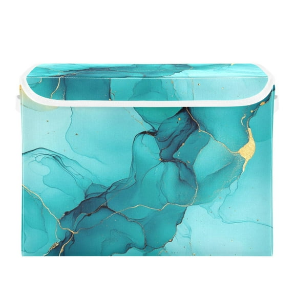 Blue and Gold Abstract Large Storage Bins with Linen Collapsible Lid Storage Box 16.7 x 12.6 x 11.8in