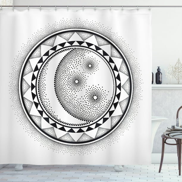 Half Moon Shower Curtain Simplistic Sun Night Dots Circle Mystic Pattern On Plain Background Fabric Bathroom Set With Hooks 69 Wx70 L Charcoal Grey And White By Ambesonne Com Half Moon Shower Curtain Simplistic, Half Round Shower Curtains