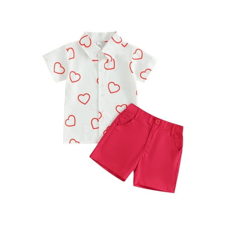 

Qtinghua Toddler Baby Boy Valentine’s Day Outfits Short Sleeve Heart Print Shirt+Shorts Clothes White 6-12 Months
