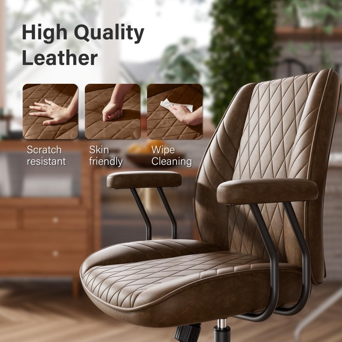 Genpo Brown Leather Office Chair with Wheels Rubber Casters, Padded Arms and Adjustable Height, Mid Century Modern Style Vintage Desk Chair