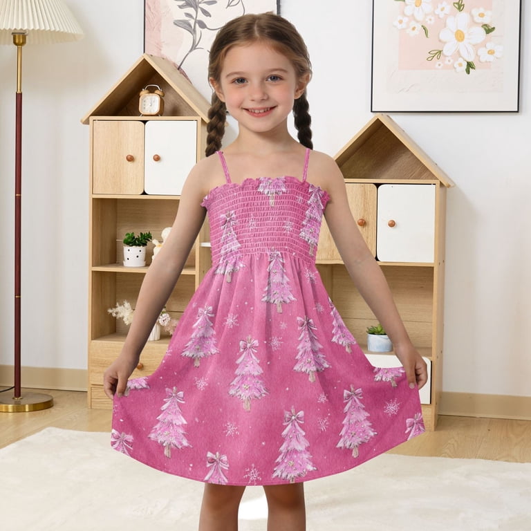 TTYFWHD Toddler Girls Spaghetti Strap Sundress, 100% Polyester Summer Casual Dress with Elastic Smocked Top, Soft Breathable Beach Dress for Girls 2T-8T Cute Pink Christmas Trees Pattern