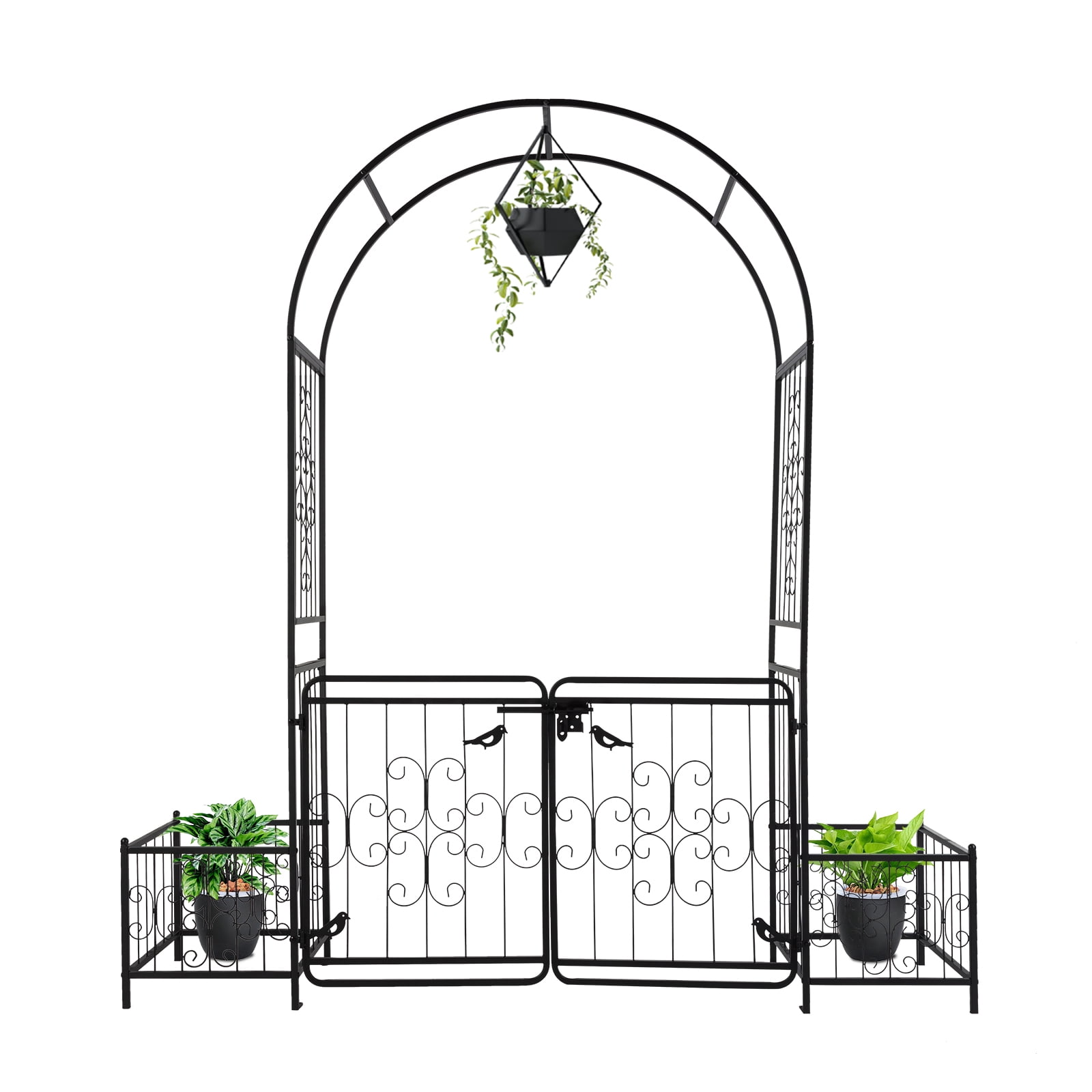 Iron Art Garden Arch Trellis, Arc Top Arch with Door & Planting Frame, Powder Coated Rustproof Free-standing Trellis for Climbing Flowers Vines Roses