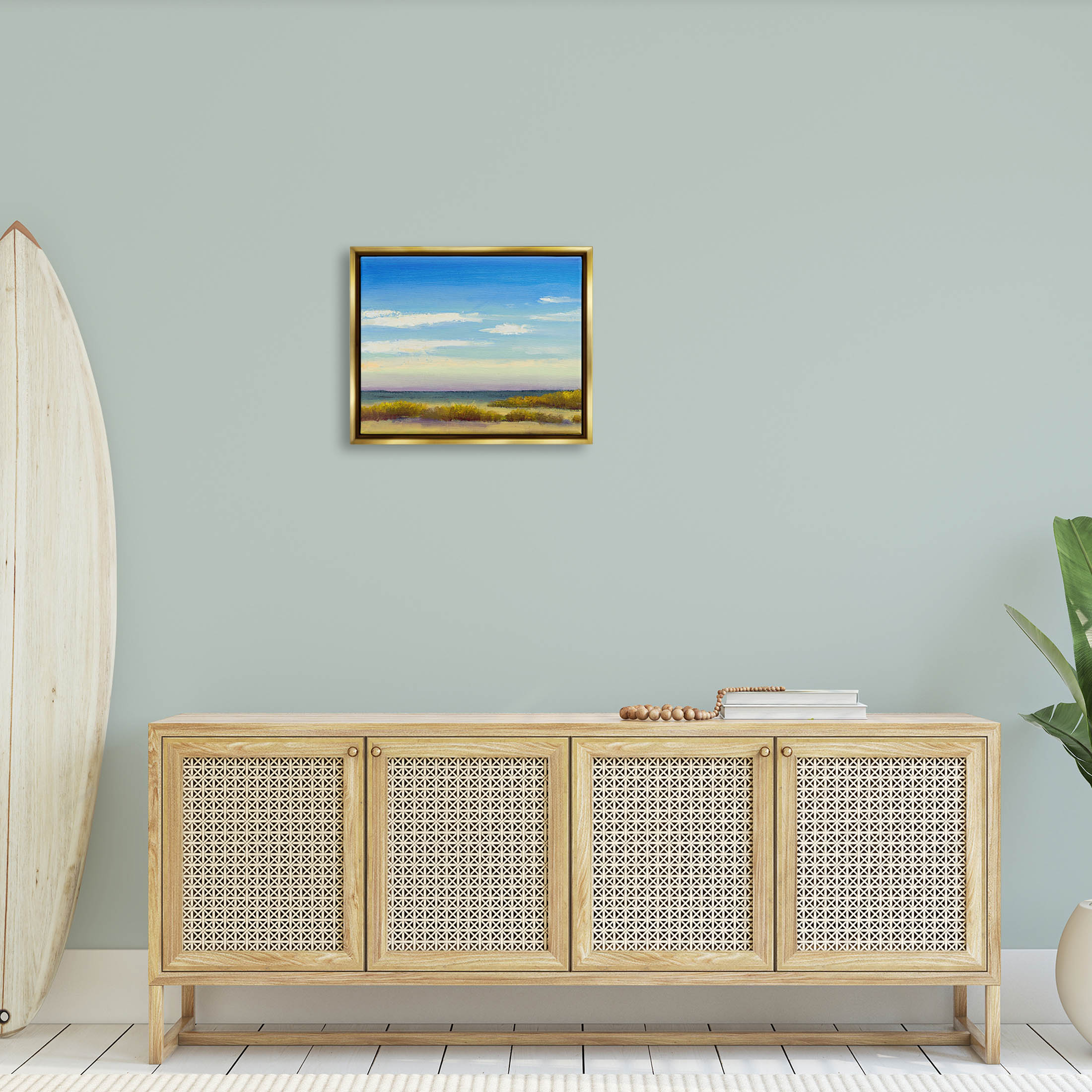 Coastal Beach Vivid Blue Sky Coastal Painting Metallic Gold Framed Art Print Wall Art