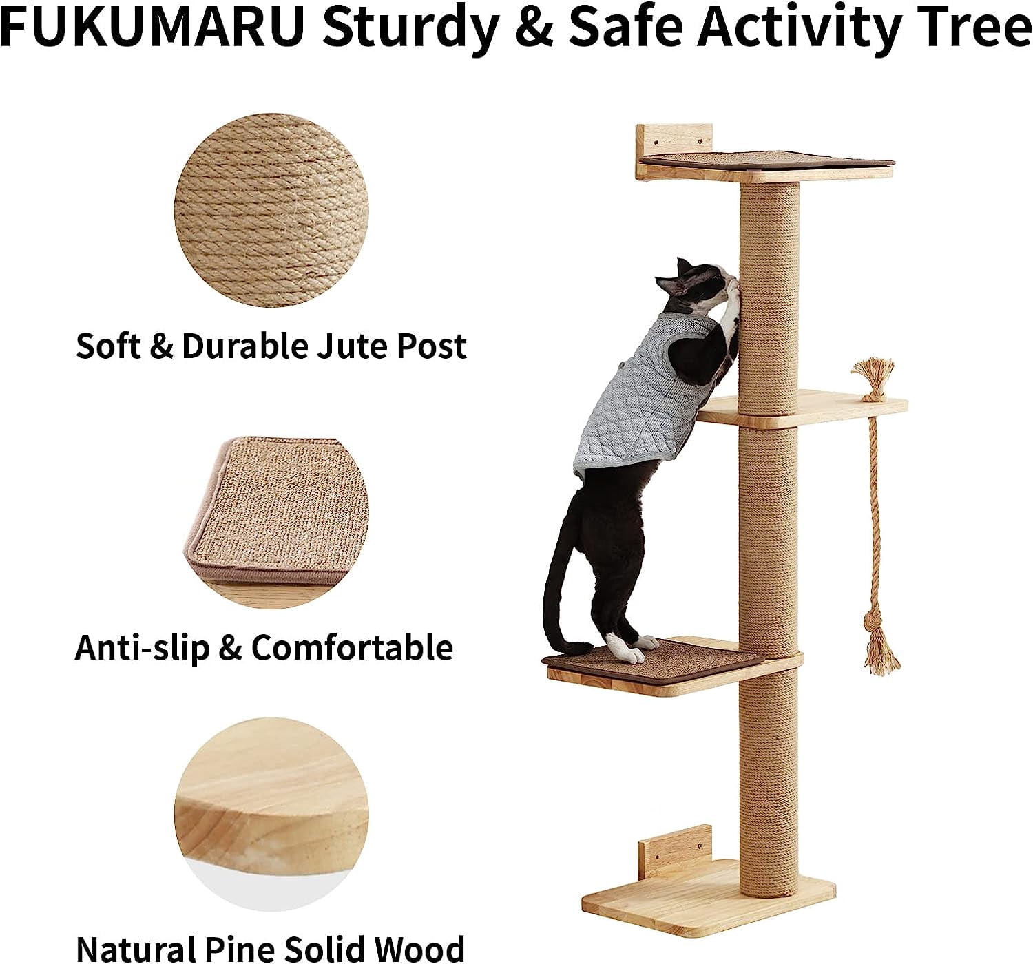 Cat Scratching Activity Tree Wall Mounted, 50 Inch Cats Scratch Post, with Kitten Bed, Rubber Wood Scratcher Posts, Large