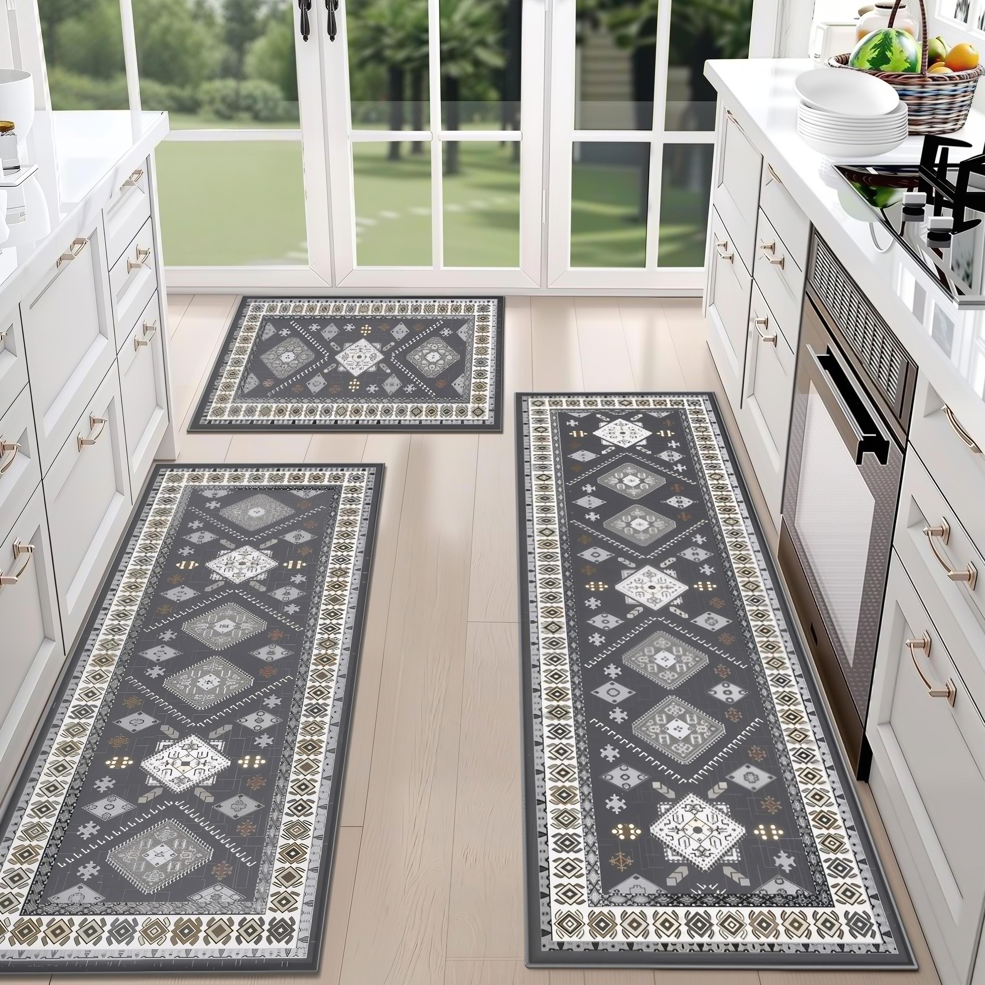TECHVIDA Kitchen Rug Set 3 Piece,Non Slip Machine Washable Kitchen Mats, Farmhouse Hallway Doormat for Home Floor and Living Room,Gray