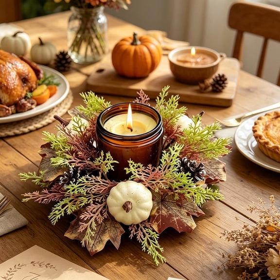 Autumn Candle Wreath, Pumpkin Candlestick Decoration for Halloween and Thanksgiving, Artificial Maple Pinecone, Reusable Plastic, 1pcs