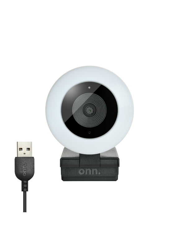 onn. Webcam with Ring Light w/3 LED Levels, Autofocus, Built-in Microphone, White & Black