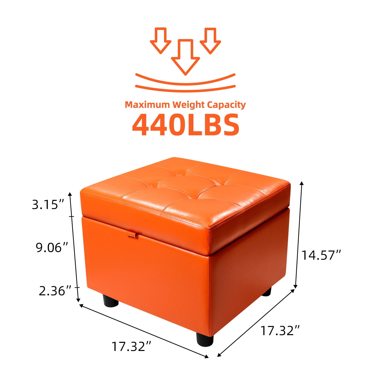 H&B Luxuries Tufted Leather Square Flip Top Storage Ottoman Cube Foot Rest (Orange with Storage)