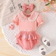 thumbnail image 2 of JUMEYU Baby Clothes for Girls Newborn Baby Girl Clothes Romper Shorts Set Short Sleeve Pure Color Rompers Top Elastic Floral Panel Shorts Headband 0 3 6 9 12 18 24 Months (Pink,9-12 Months), 2 of 8