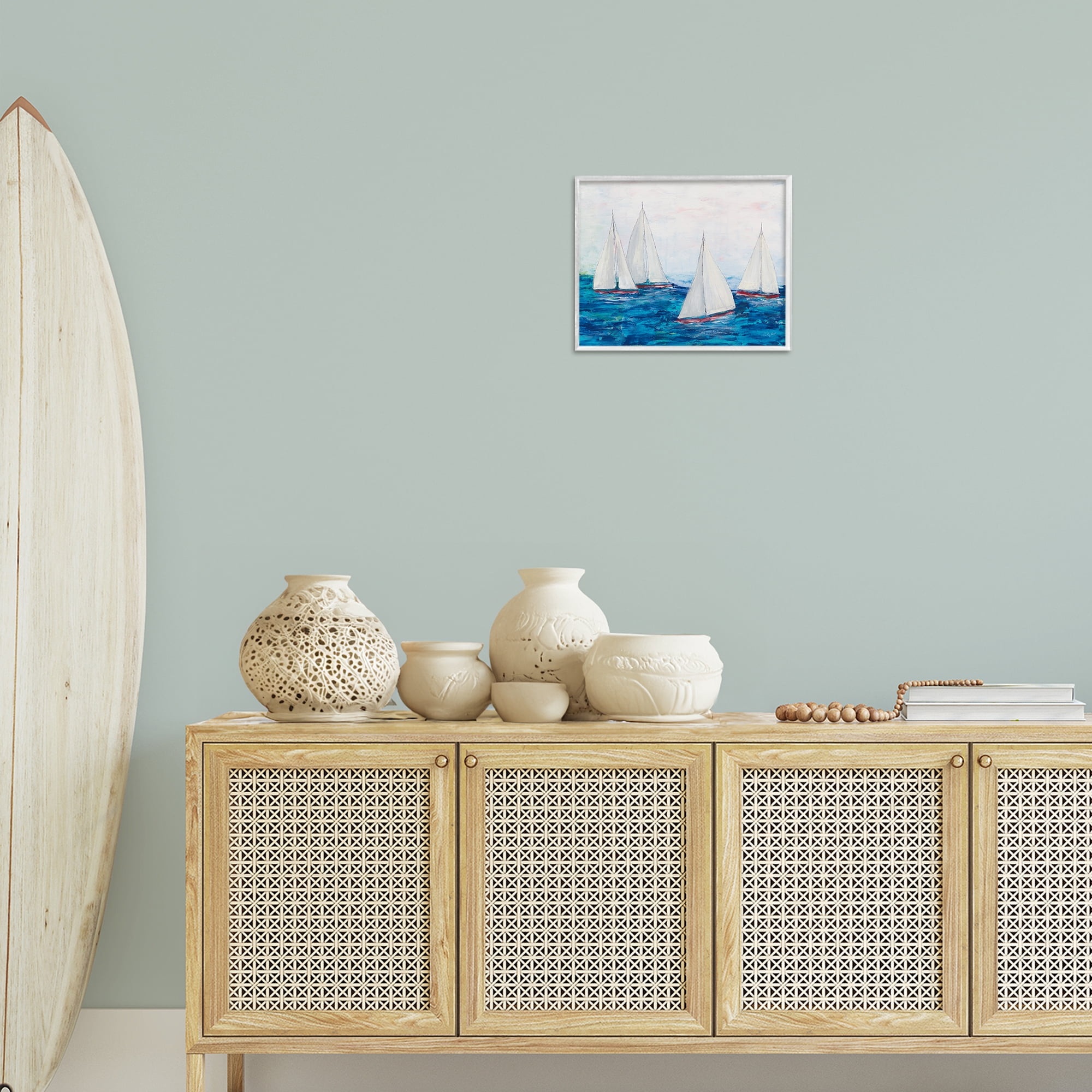 Stupell Industries Sailboat Fleet on Ocean Coastal Painting White Framed Art Print Wall Art, 14 x 11