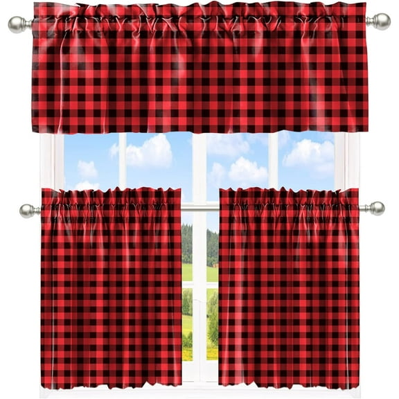 Buffalo Check Tiers and Valances Set Black and Red Farmhouse Kitchen Window Curtain Rod Pocket Window Treatment Decor Curtain