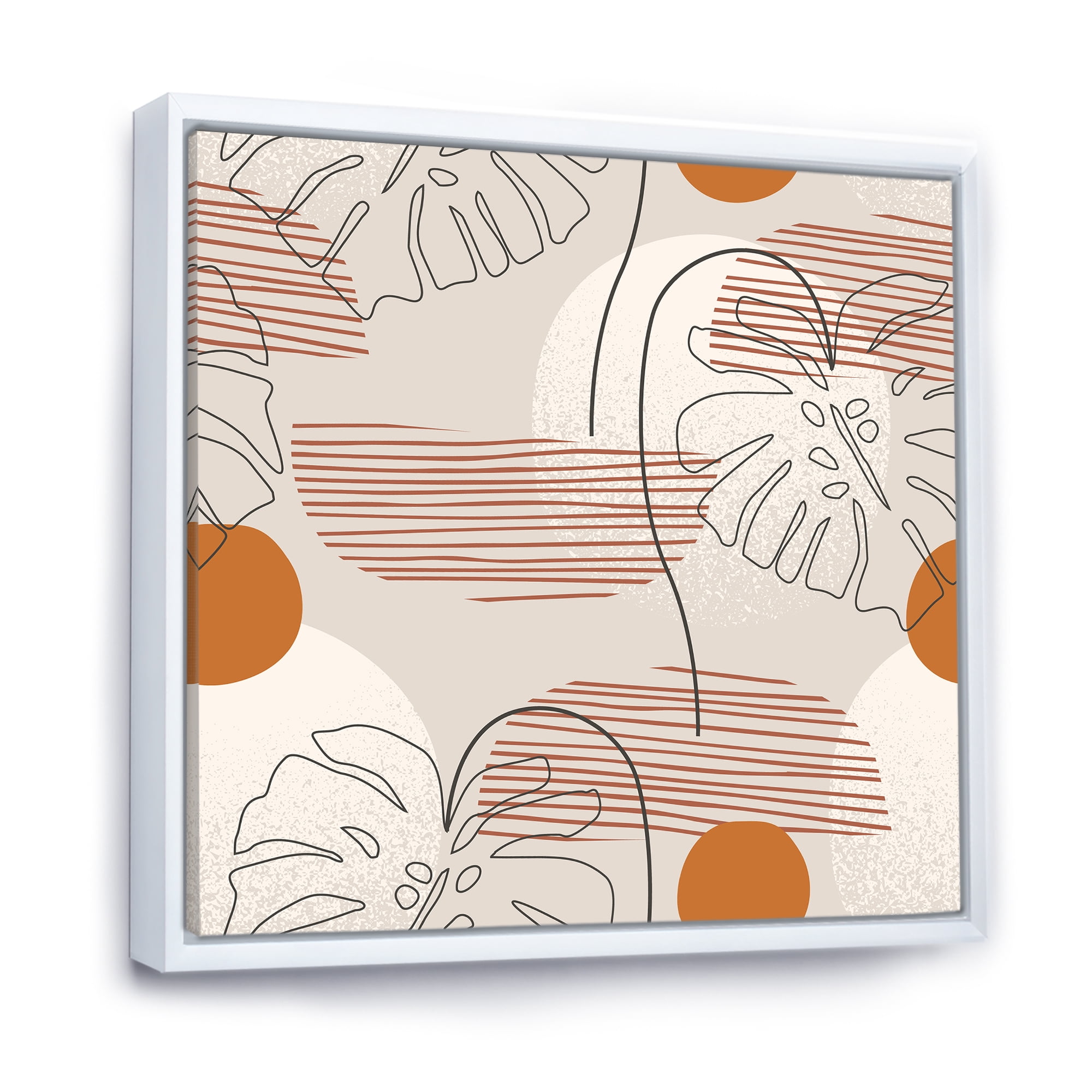 Designart 'Abstract Monstera Leaf and One Line Art Shapes' Modern Framed Canvas Wall Art Print