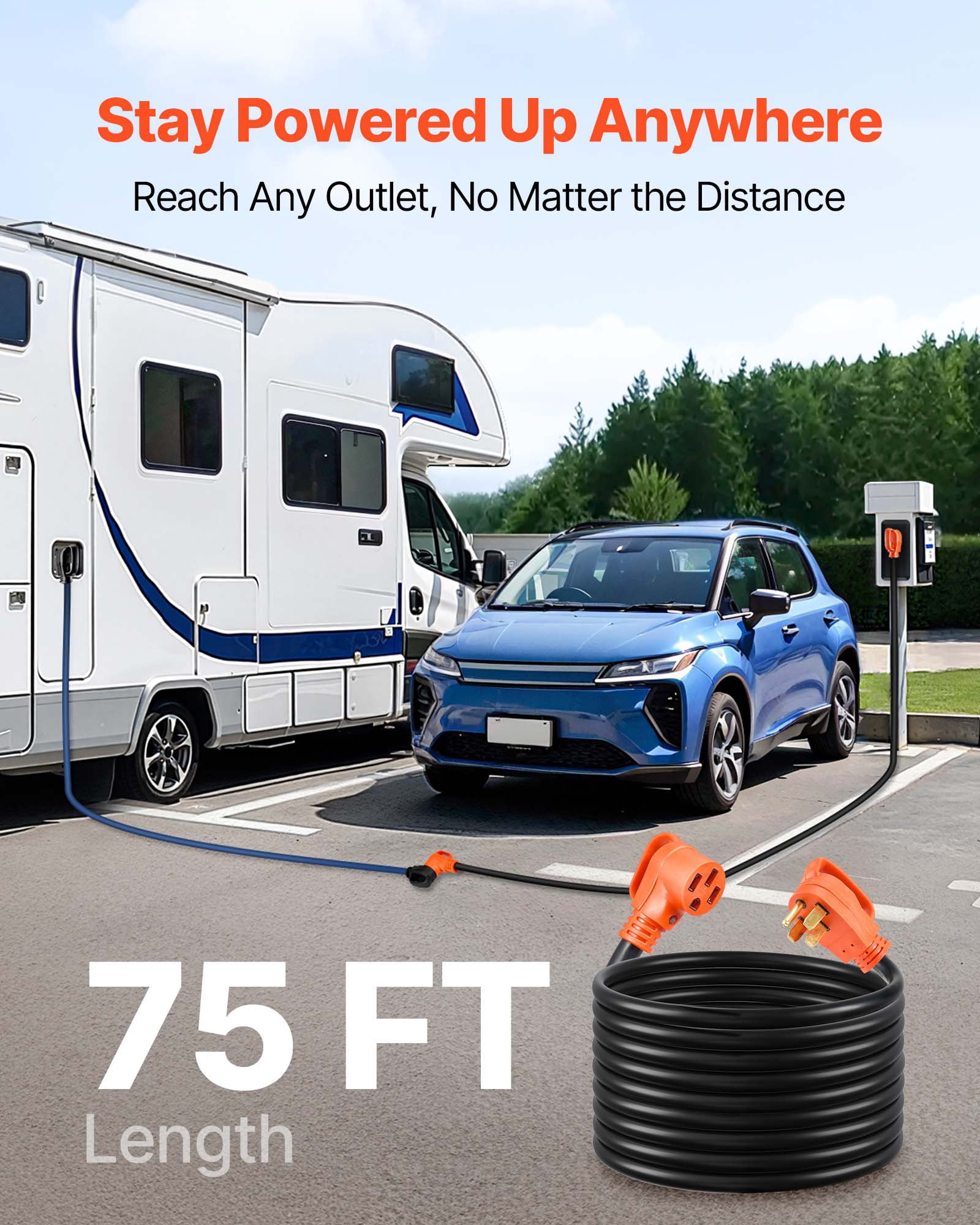 VEVOR 75 FT RV Extension Cord, 50 Amp, 125V/250V 7500W Heavy Duty STW 6/3 + 8/1 Gauge Wire, NEMA 14-50P Male NEMA 14-50R Female Plug,with LED Indicator, Handle,15A Adapter for RV Trailer,ETL Listed