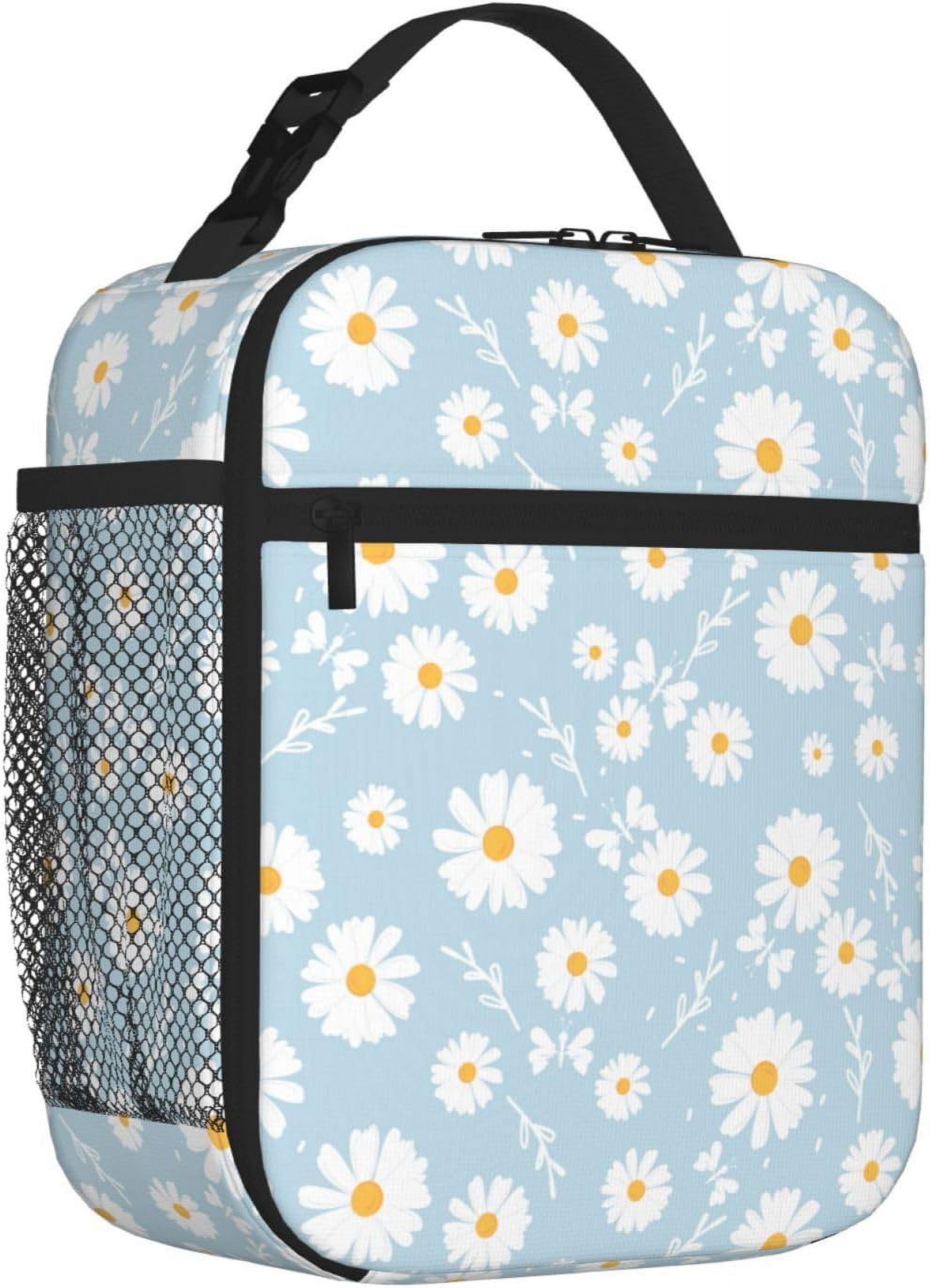 Blue Daisy Flower Insulated Lunch Bag Kids Lunch Box for Girls Boys Bento Lunch Box Cooler Bag with Front Pocket Cute Lunch Tote Bag Lunchbox for Work Office School Picnic