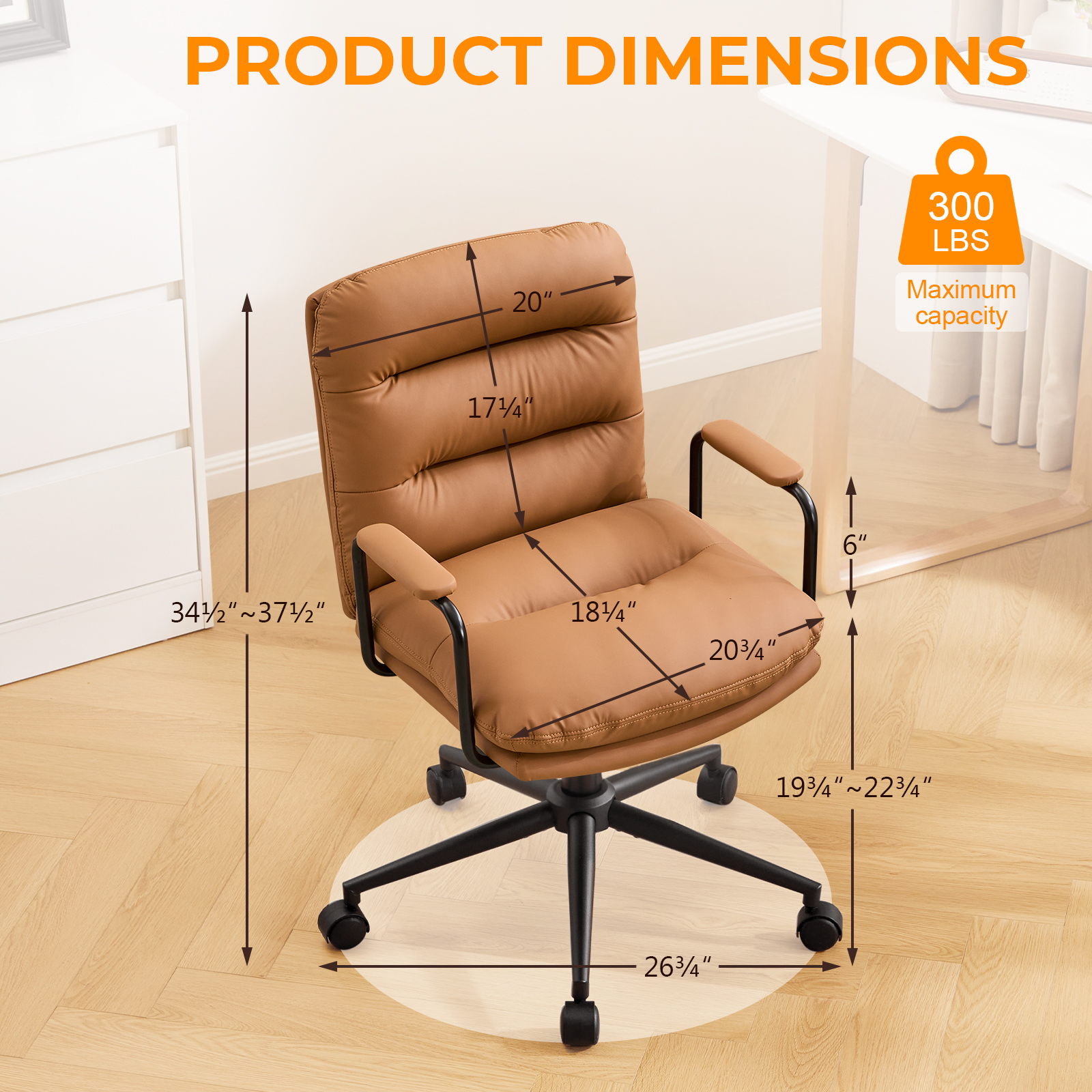 Falvinoryn Modern Office Chair, High Back Ergonomic Task Chair with Padded Armrests and Double Cushion, Swivel Home Office Desk Chair, Faux Leather Executive Armchair for Home, Bedroom (Brown)