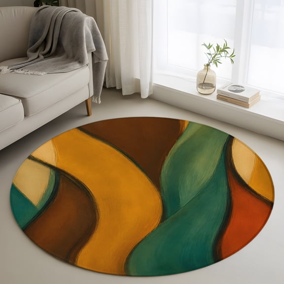 Green Orange 3ft Area Rug, Abstract Art Modern Boho Washable Non-Slip Small Round Rugs for Entryway Bedroom Kitchen, Soft Circle Carpet for Dining Room, Playroom Nursery Rug