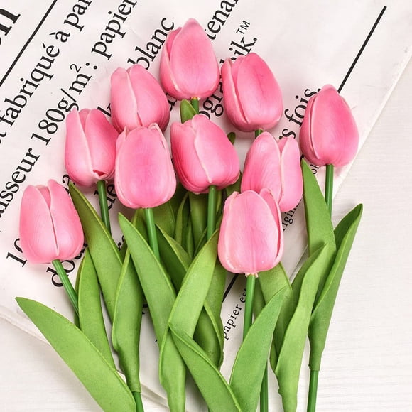 Xiao Hua 10 piece set of artificial tulip flowers, imitation tulip stems, real touch PU tulip bouquet suitable for wedding party home decoration, pink