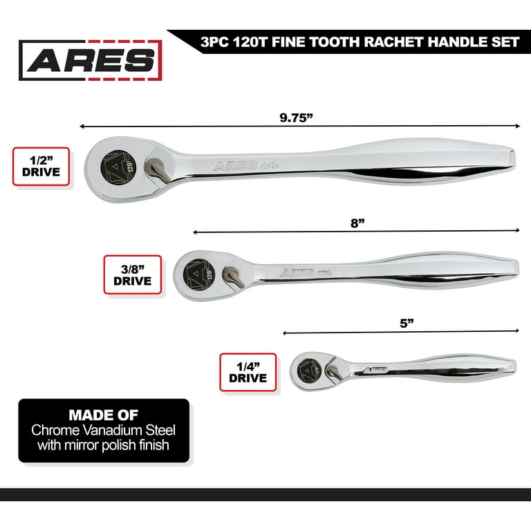 ARES 42067 - 120 Tooth Ratchet Set - 1/4-Inch, 3/8-Inch, and 1/2
