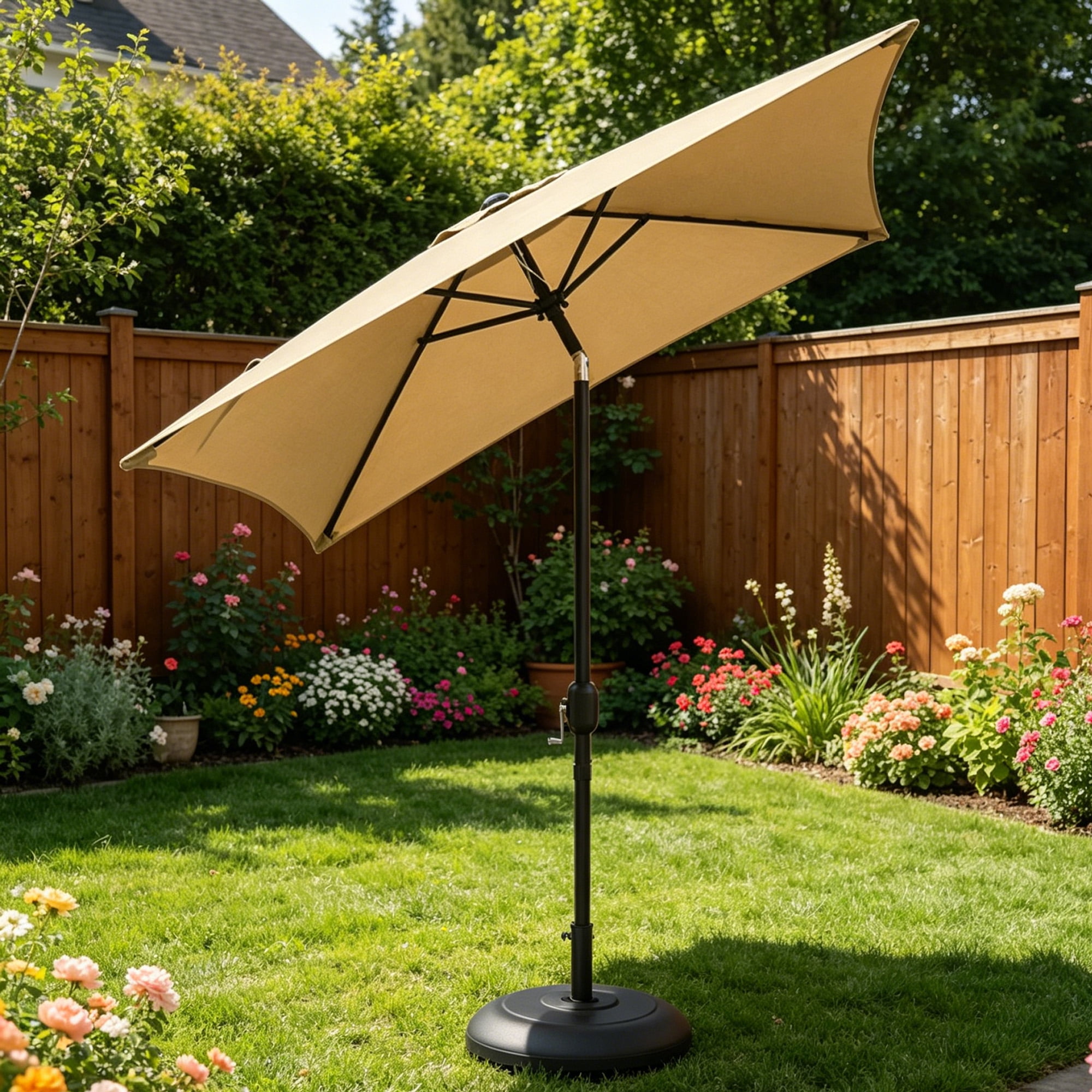 Kool 6.5 ft Square Outdoor Patio Market Umbrella with Push Button Tilt and Crank Handle, Tan