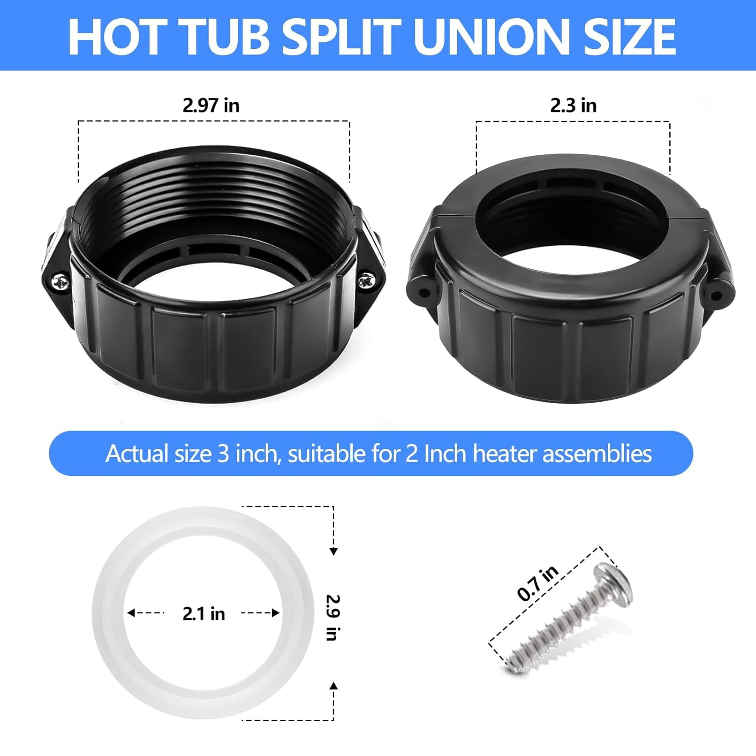 2 Inch Spa Hot Tub Heater Split Nut Unions with Screw and Gasket/O-Rings, Compatible with Balboa Heater, Black