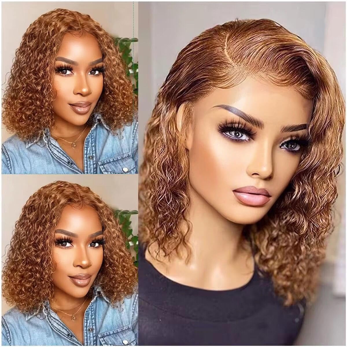 Dopi Short Curly Honey Blonde Bob Wig Lace Front Human Hair Wigs For Women Light Brown(2Pack)