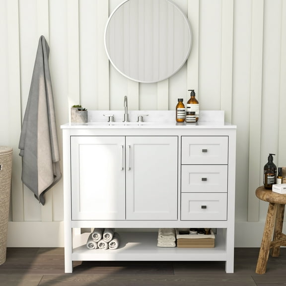 Merrick Lane 42 Inch Bathroom Vanity with Ceramic Sink, Carrara Marble Finish Countertop, Storage Cabinet with Soft Close Doors, Open Shelf, 3 Drawers, White