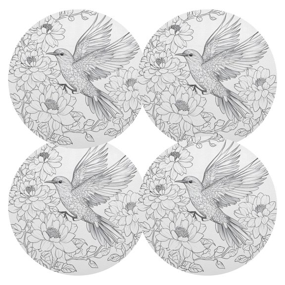 Ryvnso Peony Flower Bird Drawn Round Plate Mats Dining Table Placemat Set of 4 for Holiday Decoration