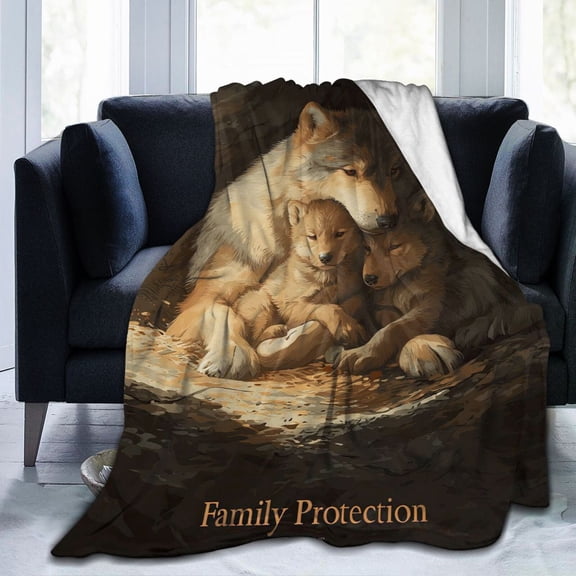 Wolf Pack Family Throw Blanket, Mother & Pups Art Soft Flannel Fleece, Heartwarming Home Decor Gift for Couch Bed Sofa 50x40