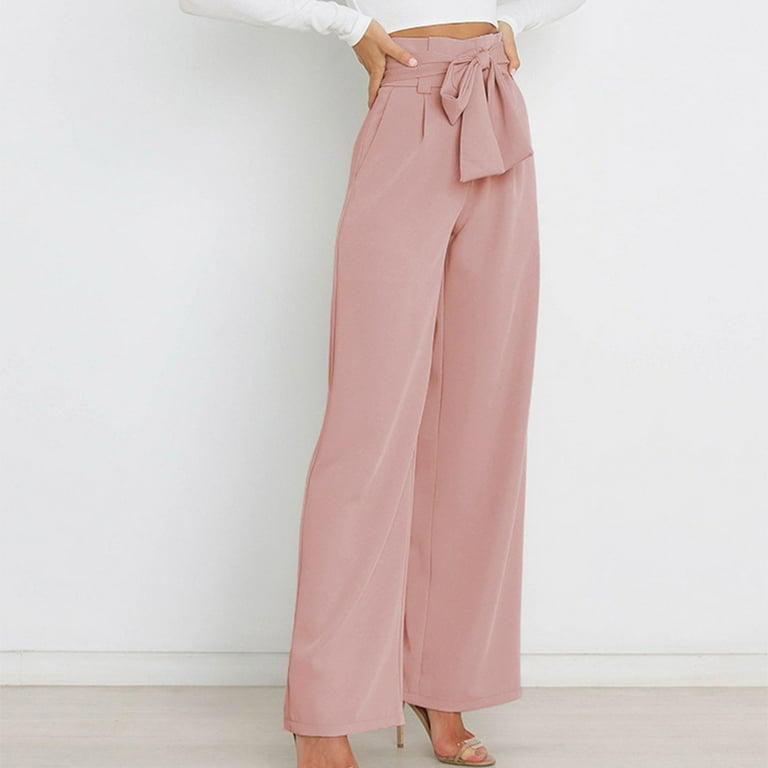 Zodggu Women Fashion Women Summer Bow Summer Casual Loose High Waist Full  Length Long Pants Pleated Wide Solid Trousers Pants Trendy Comfy Loose Fit
