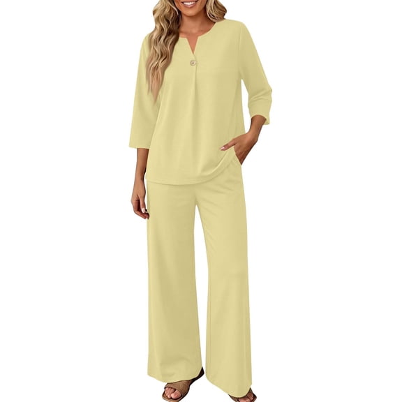 Lounge Sets for Women 2026 Summer Casual 3/4 Sleeve Shirts Wide Leg Pants Matching Tracksuit Sets Summer Spring Vacation Travel Outfits Fashion Clothing L